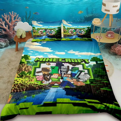 Pościel dla dzieci z motywem kreskówkowym Minecraft – zestaw pościelowy z poszewką na kołdrę w rozmiarze Queen, King i Full z 1/2 poszewką na poduszkę do sypialni