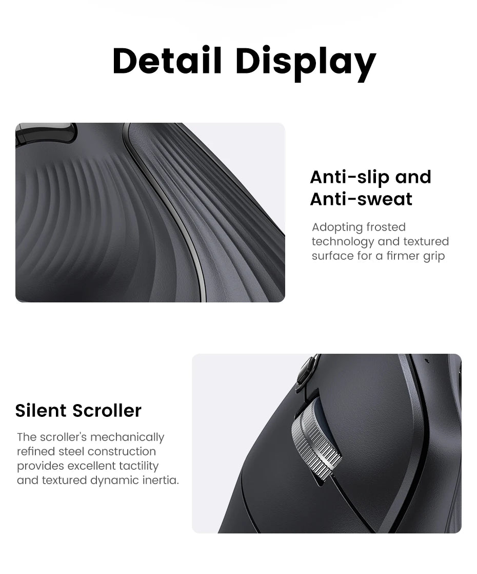 UGREEN Vertical Mouse Wireless Bluetooth 5.0 2.4G Ergonomic 4000DPI 6 Mute Buttons for MacBook Tablet Laptops Computer PC Mice