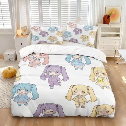 Σετ κάλυμμα παπλώματος Hatsune Miku σε στυλ Chibi – Χαριτωμένα κλινοσκεπάσματα anime με μαξιλαροθήκες – Διακόσμηση υπνοδωματίου για εφήβους και παιδιά – Δώρο για τους θαυμαστές