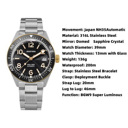 SEESTERN Diver Men Watch Automatic Mechanical Wristwatches NH35 Movement Ceramic Bezel 20Bar Waterproof Sapphire Luminou S434-2