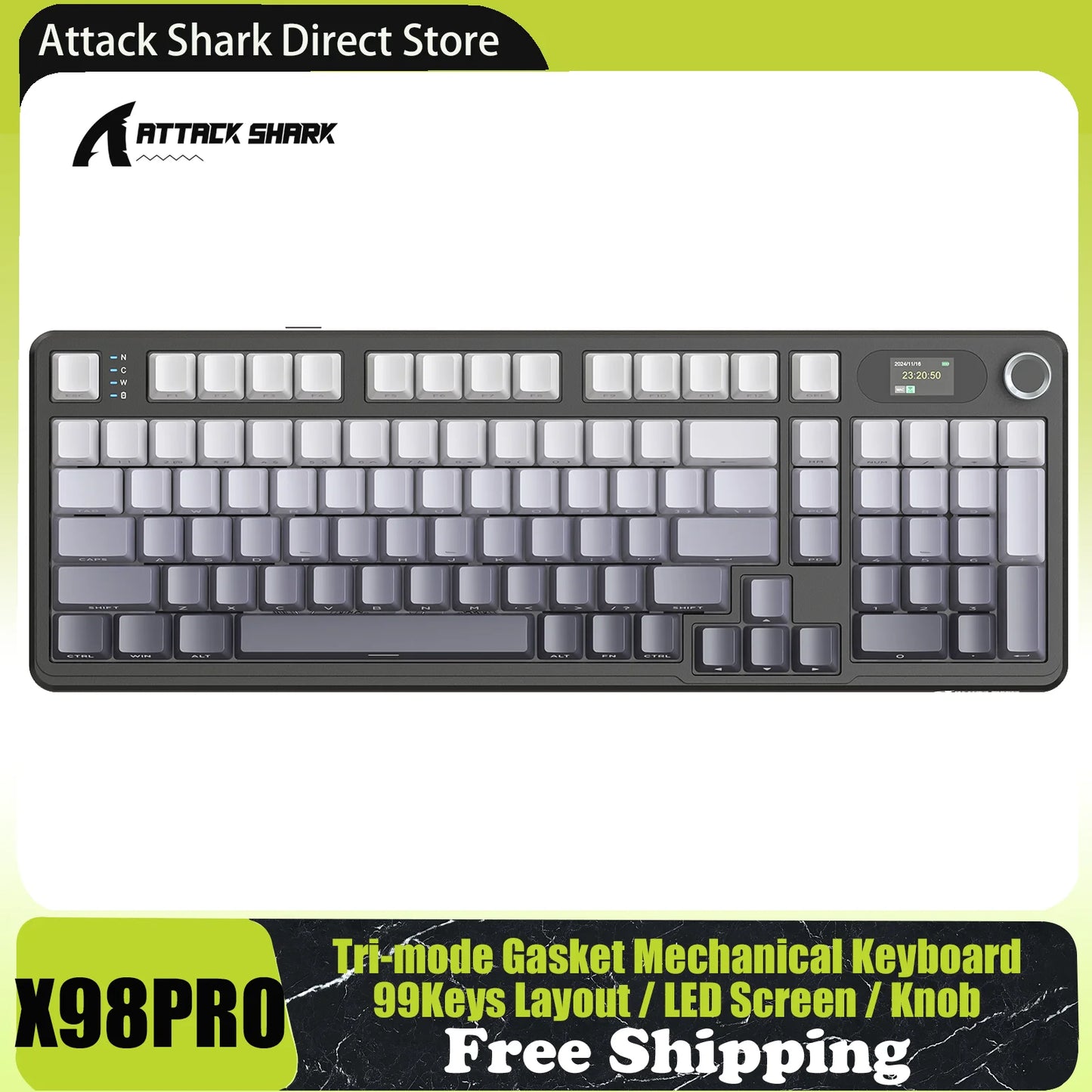ATTACK SHARK X98PRO Tri-mode Gasket Mechanical Keyboard with TFT Screen & Knob, 99 Keys Layout, 5-Layer Foams, Hot-Swap, RGB