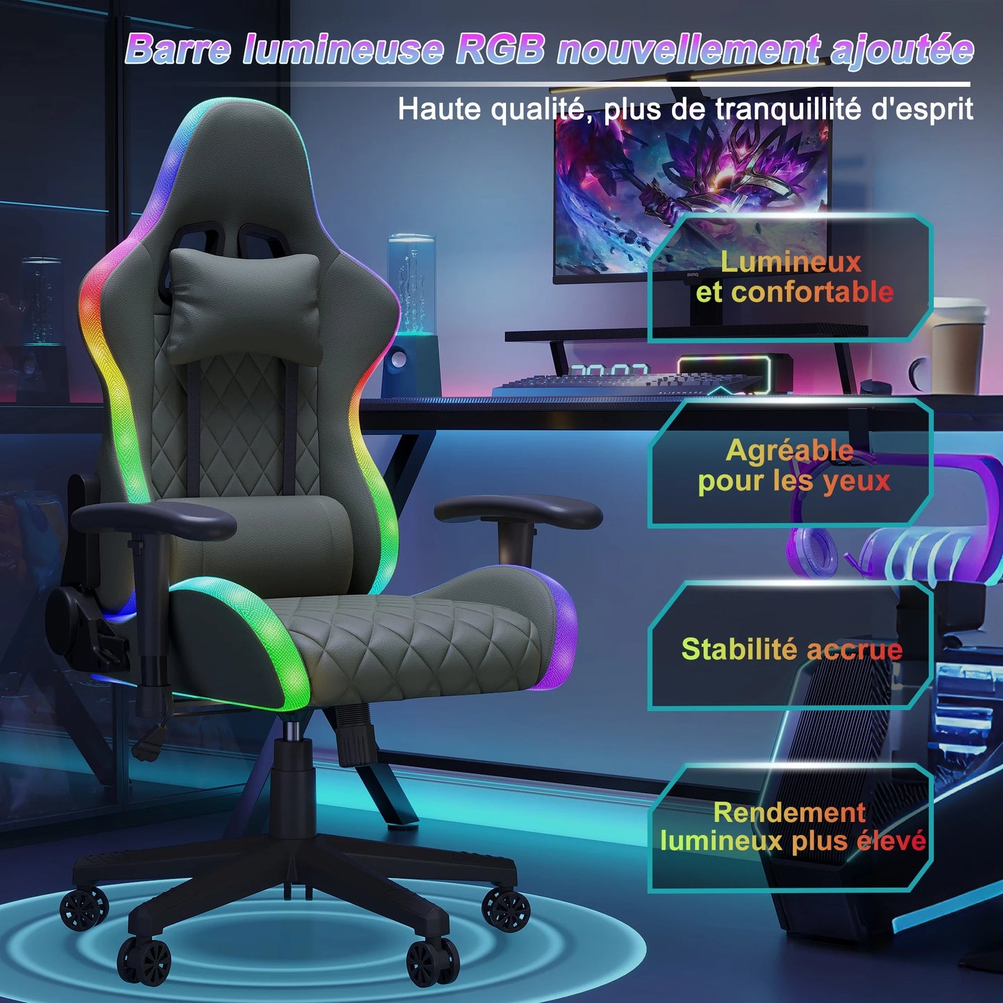 Gaming Chair, Ergonomic Gaming Chair with LED, Adjustable Computer Chair for Teenagers, Lumbar Cushion, Gamer Chair, Black