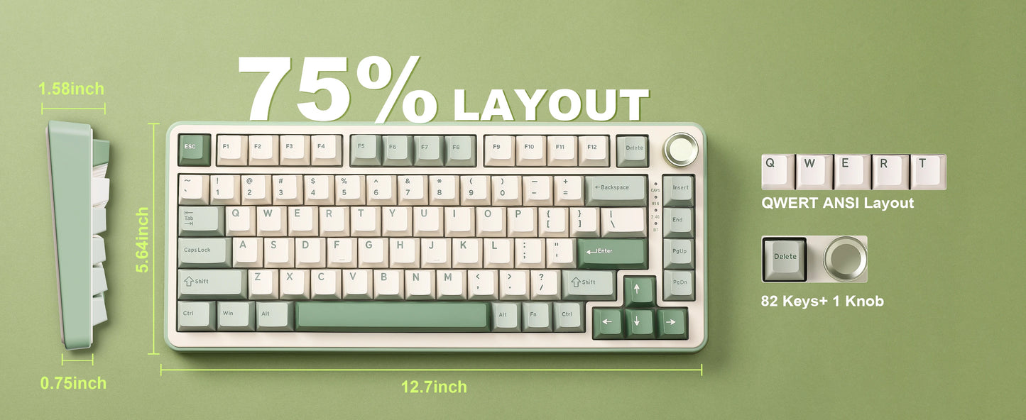 YUNZII B75 PRO Green Mechanical Gaming Keyboard, Gasket 75 Knob RGB Keyboard, BT/Wired/Wireless  Hot-Swap Custom Creamy Keyboard