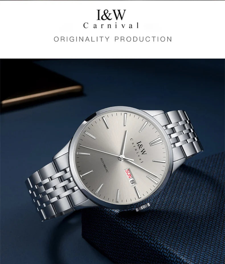 Carnival High-end Series I&W Brand Automatické mechanické hodinky Pánske vodotesné hodinky Oceľ 316L Safír Pánske hodinky na biznis