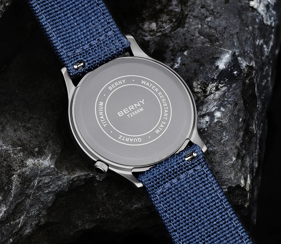 BERNY Titanium herenhorloge met kwartsmechanisme, AR-coating, saffierglas, modieus polshorloge, lichtgevend, VH31, ultradun polshorloge, waterdicht tot 5 ATM