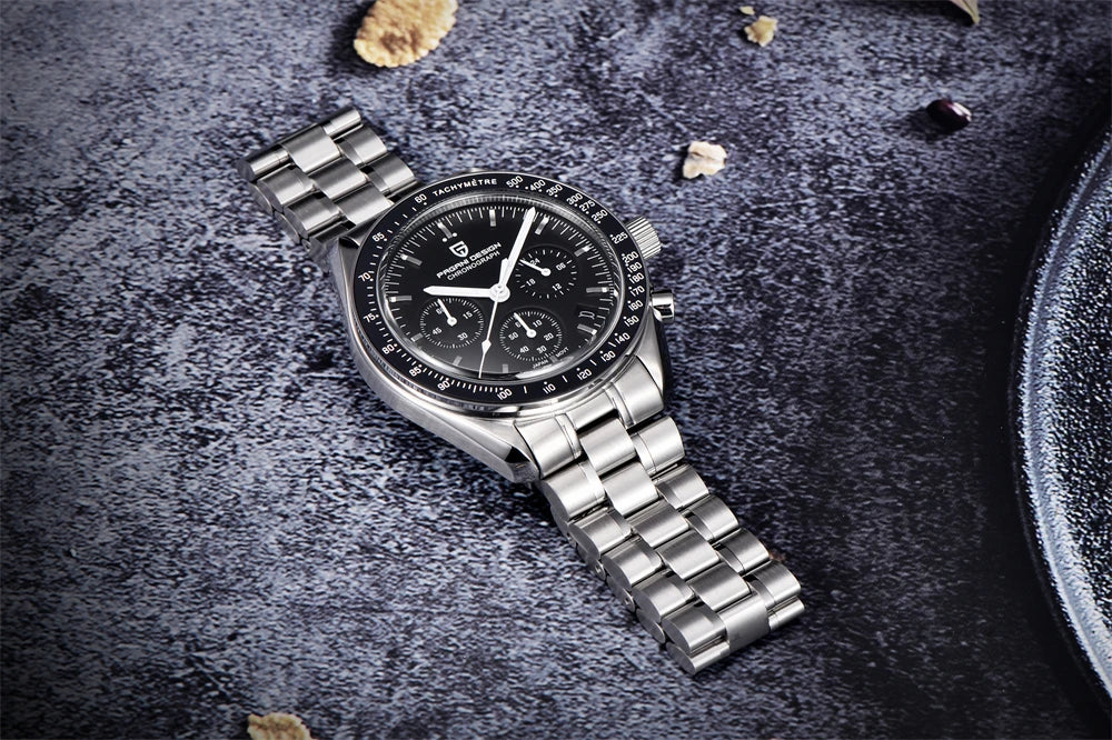 Montre pour homme PAGANI DESIGN « New Moon » – Montre à quartz de luxe, chronographe, verre saphir avec traitement antireflet, lunette en céramique, aiguilles luminescentes