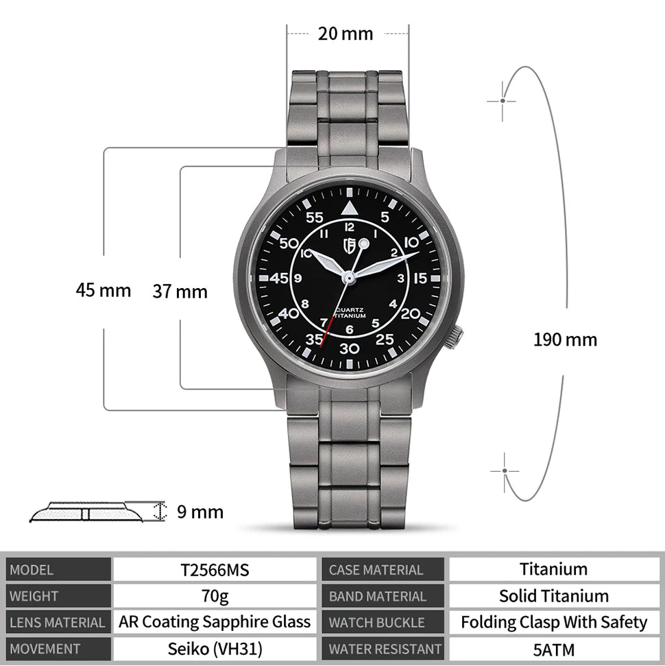 BERNY Titanium herenhorloge met kwartsmechanisme, AR-coating, saffierglas, modieus polshorloge, lichtgevend, VH31, ultradun polshorloge, waterdicht tot 5 ATM