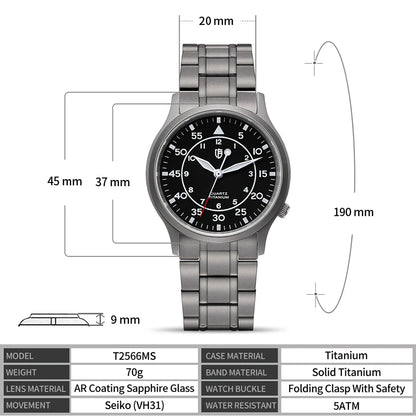 BERNY Titanium herenhorloge met kwartsmechanisme, AR-coating, saffierglas, modieus polshorloge, lichtgevend, VH31, ultradun polshorloge, waterdicht tot 5 ATM