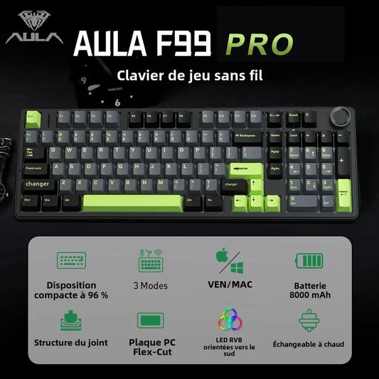 AULA F99PRO Gaming Mechanical Keyboard 99 Key Three Mode Wireless Hot Swappable Gasket Structure Custom Keyboard with Media Knob