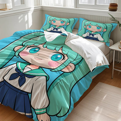 Σετ κάλυμμα παπλώματος Hatsune Miku σε στυλ Chibi – Χαριτωμένα κλινοσκεπάσματα anime με μαξιλαροθήκες – Διακόσμηση υπνοδωματίου για εφήβους και παιδιά – Δώρο για τους θαυμαστές