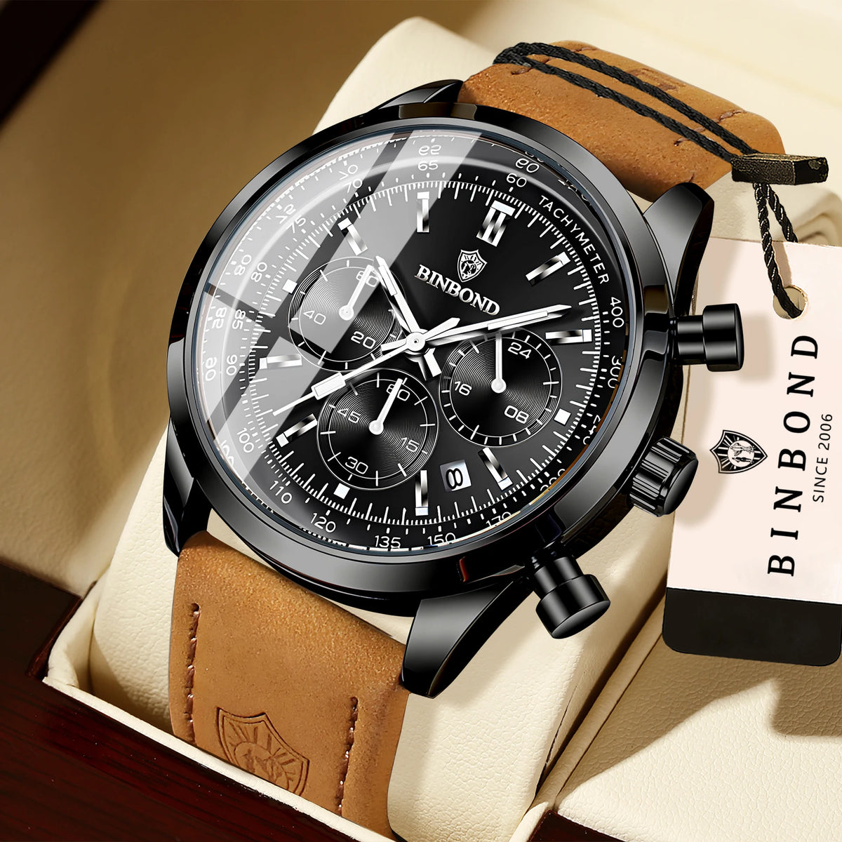 Montre chronographe BINBOND à quartz robuste et précise pour homme, de luxe, avec date automatique, lumineuse et étanche, style décontracté.