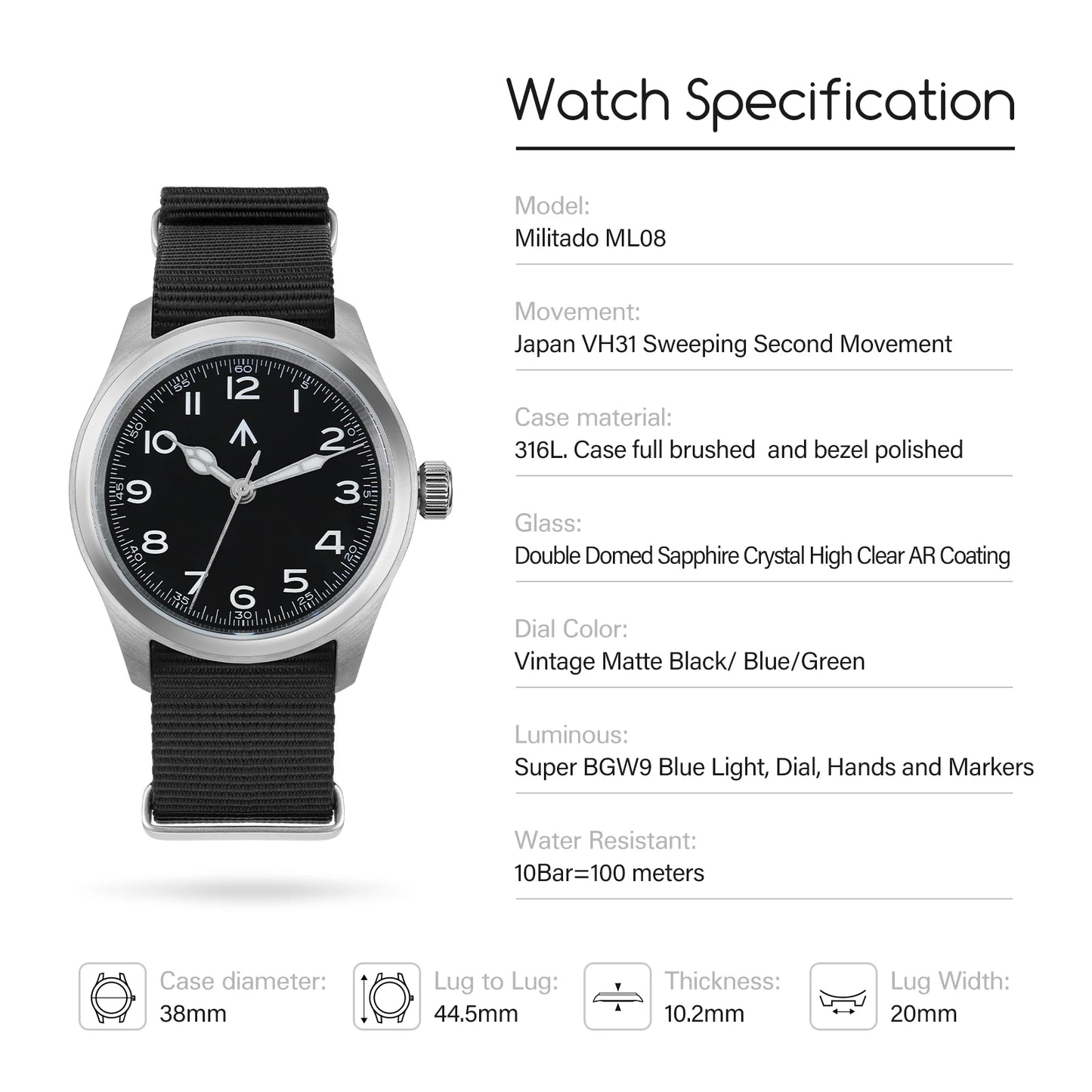 Militado ML08 V2 Vintage-Quarzuhr Military VH31-Uhrwerk Doppeltes Saphirglas C3 BGW-9 Leuchtend Wasserdicht 38mm Uhr