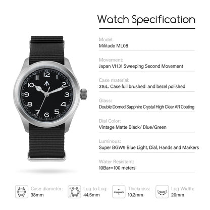Militado ML08 V2 Vintage-Quarzuhr Military VH31-Uhrwerk Doppeltes Saphirglas C3 BGW-9 Leuchtend Wasserdicht 38mm Uhr
