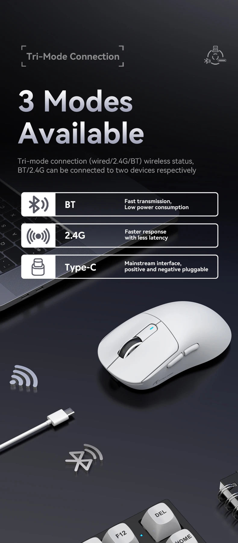 ATTACK SHARK X3/X3PRO 4K/8K trådlös gamingmus, 26K DPI, tri-mode (trådbunden/2.4GHz/BT5.2), lätt, PAW3395-sensor för gamers