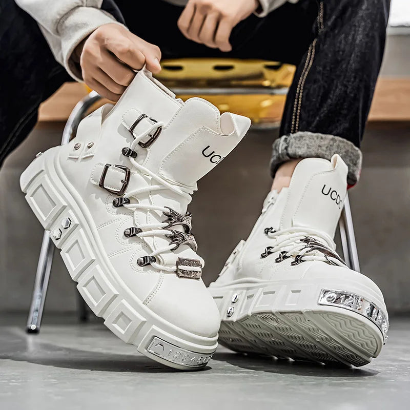 Baskets montantes noires à rivets, mode, pour homme, en cuir, design de luxe, chaussures de ville, style gothique et punk, bottes de moto pour homme, grandes tailles jusqu'à la taille 46