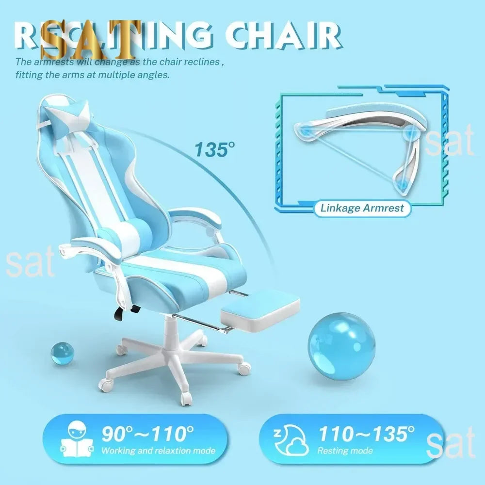 Kawaii Light Blue Gaming Chair with Bunny Ears, Ergonomic Cute Gamer Chair with Footrest, Massage Function, Reclining Racing Style Computer Chair