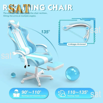 Kawaii Light Blue Gaming Chair with Bunny Ears, Ergonomic Cute Gamer Chair with Footrest, Massage Function, Reclining Racing Style Computer Chair