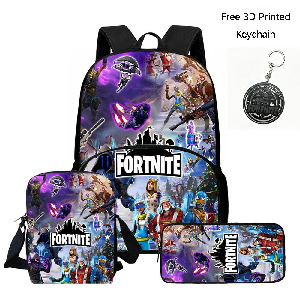 FORTNITE 3Pcs School Backpack Set,Front Pocket Bag Crossbody Pencil Case,Age5-10 Boys Girls Lightweight,Free 3D Printed Keychain