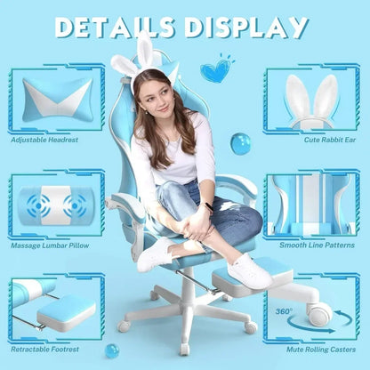 Kawaii Light Blue Gaming Chair with Bunny Ears, Ergonomic Cute Gamer Chair with Footrest, Massage Function, Reclining Racing Style Computer Chair