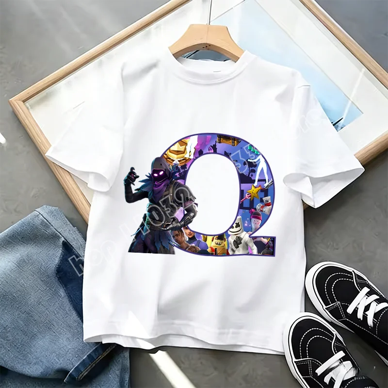 Fortnite A-Z Alphabet Print T-Shirt für Kinder, Sommer, weiß, beliebtes Cartoon-Game-Shirt, modisches Casual-Kurzarmtop, Geschenk