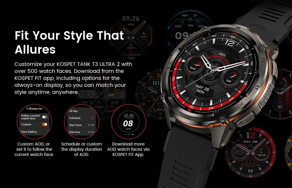 Ceas inteligent KOSPET TANK T3 Ultra 2 pentru bărbați, cu GPS, din oțel inoxidabil, rezistent la apă până la 50 m, IP69K, monitor de sănătate, compatibil cu Android și iOS