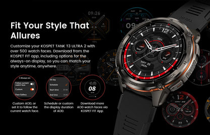 Ceas inteligent KOSPET TANK T3 Ultra 2 pentru bărbați, cu GPS, din oțel inoxidabil, rezistent la apă până la 50 m, IP69K, monitor de sănătate, compatibil cu Android și iOS