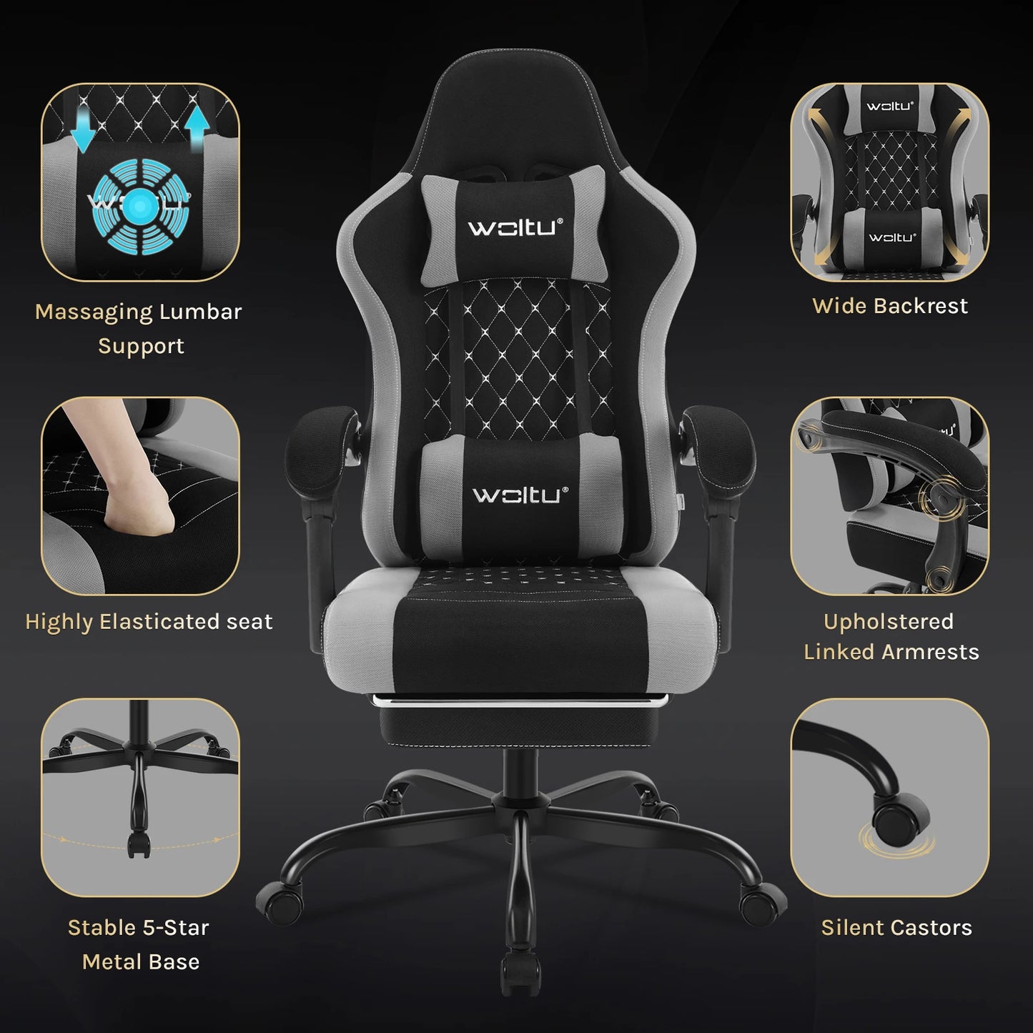 Silla de ordenador giratoria WOLTU con función de masaje, silla de oficina ergonómica con almohada y reposapiés, silla gaming ajustable en altura