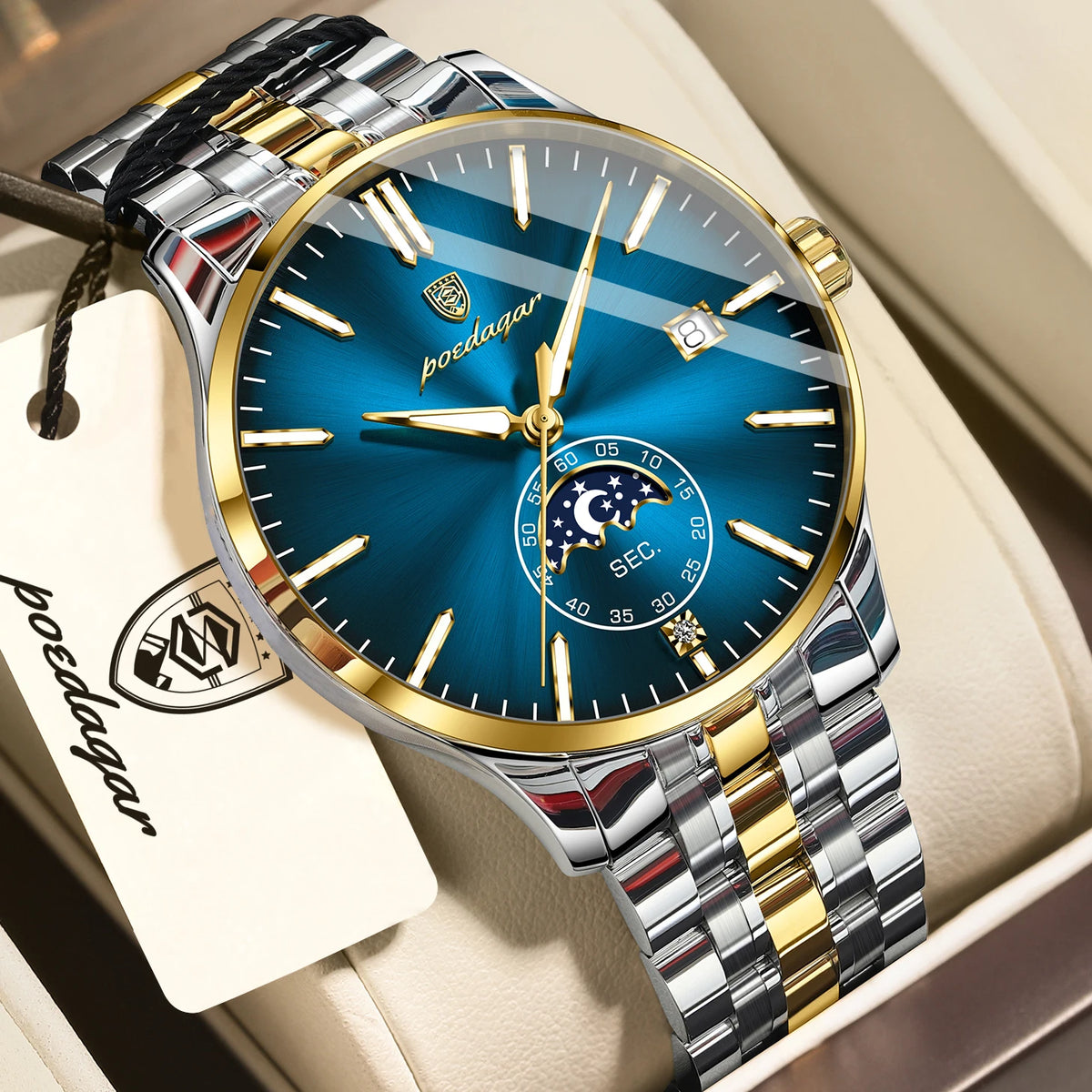 Reloj de lujo para hombre POEDAGAR, estilo informal, de acero inoxidable, de cuarzo, resistente al agua, luminiscente, con fecha, elegante.