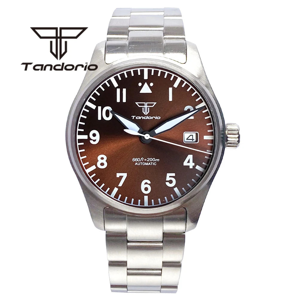 Tandorio 39 mm – męski zegarek automatyczny typu pilot nurkowy, mechanizm NH35/PT5000/Miyota8215, szafirowe szkło AR, wodoodporność 20 barów, świecące wskaźniki