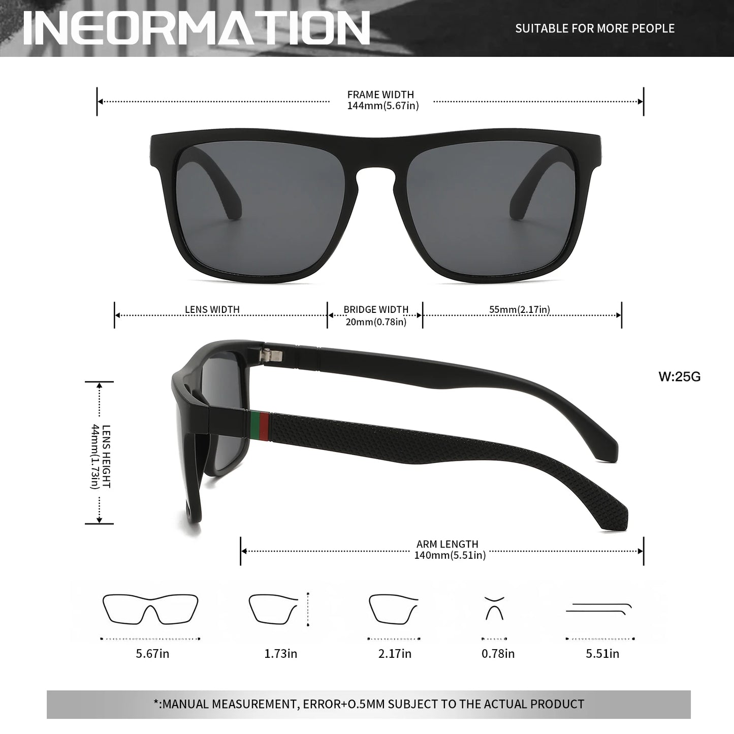 3PCS Classic Retro Polarized Square Sunglasses - Red/Green Stripe Temples, UV400 Unisex for Daily, Outdoor, Fishing & Driving