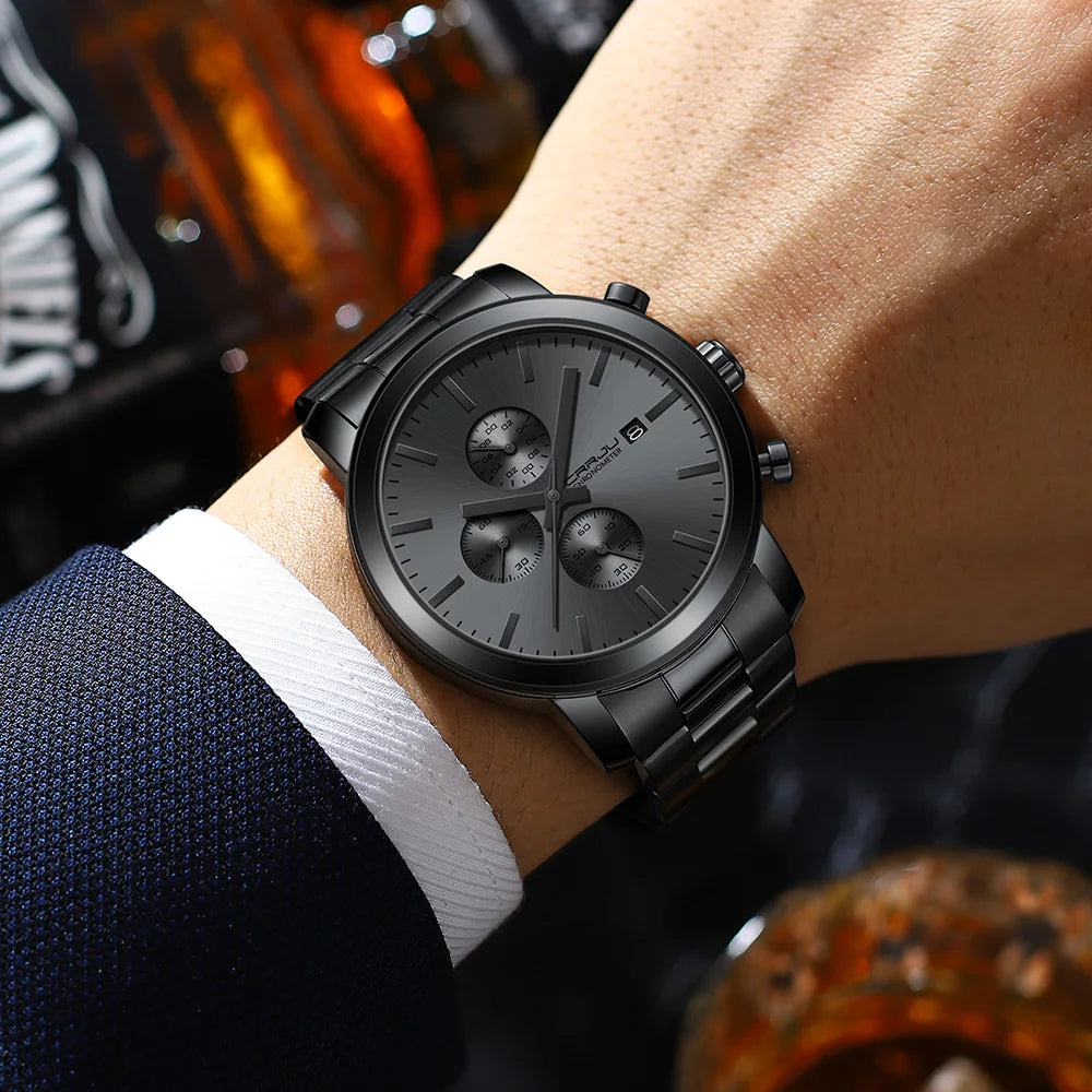 Montre pour homme CRRJU – Chronographe en acier inoxydable, étanche, avec affichage de la date, mouvement à quartz analogique, style élégant et professionnel