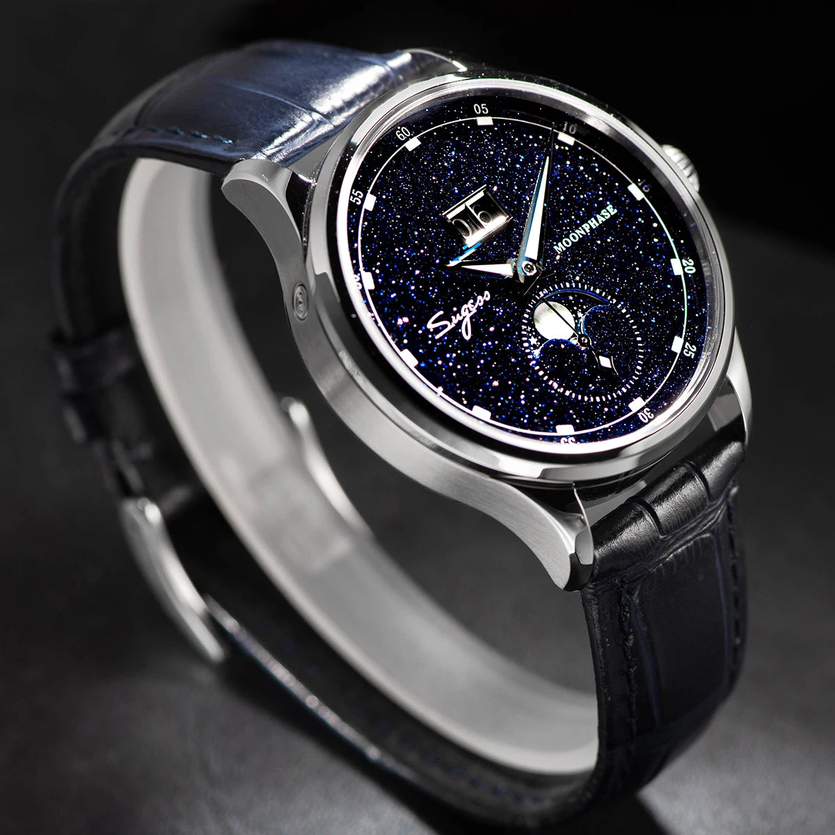 Sugess Moonphase Watch of Men 40mm Automatic Mechanical Wristwatches Origin ST2528 Movement Stainless Steel Blue Sandstone Dials