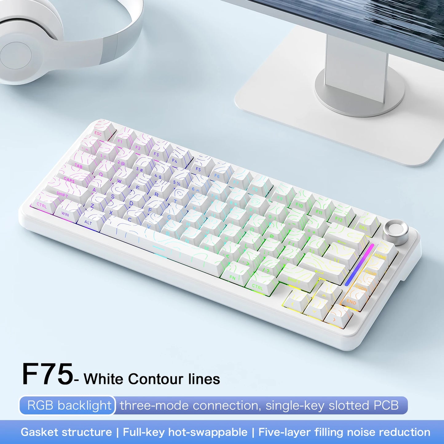 Teclado mecânico F75 FREEWOLF * AULA F75 Bluetooth de três modos, dedicado a gaming e utilização em escritório