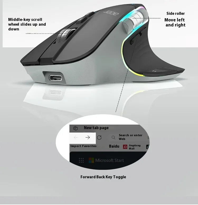 Acer Omr225 Gamer Mouse 3-mode Bluetooth Wireless Mouse Dual Scroll Ergonomic Mouse Custom Programming Gaming Mice Office Mice