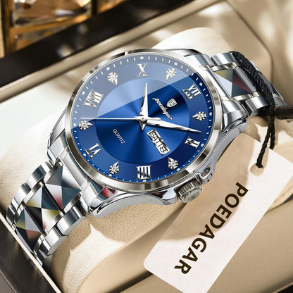Reloj para hombre POEDAGAR, modelo de lujo original, resistente al agua, luminiscente, con indicador de fecha y día, estilo elegante, caja de acero inoxidable, mecanismo de cuarzo, ideal para el trabajo.