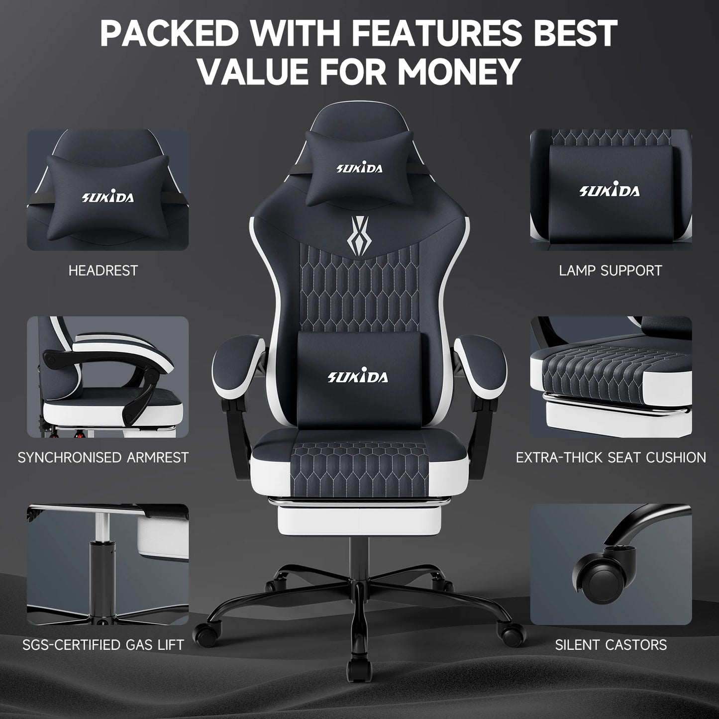 SUKIDA Gaming Chair Gamer Chair Ergonomic Office Chair Footrest Adjustable Lumbar & Pillows Gaming Chair