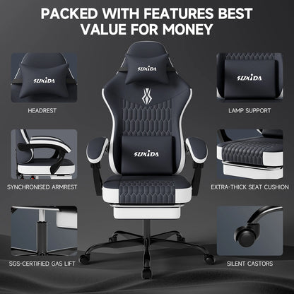 SUKIDA Gaming Chair Gamer Chair Ergonomic Office Chair Footrest Adjustable Lumbar & Pillows Gaming Chair