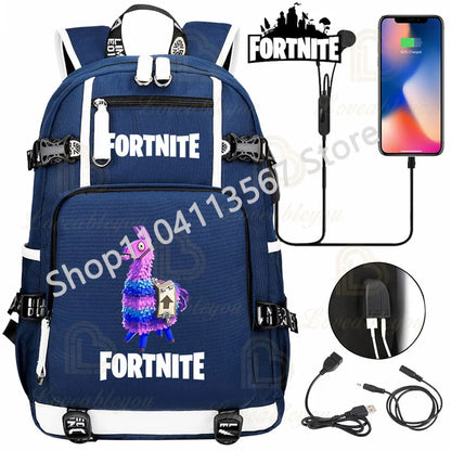 Red Jade F-Fortnited Battle Royale Backpack with USB Charging Anime Figures Study Stationery Compartment for Students Mochila