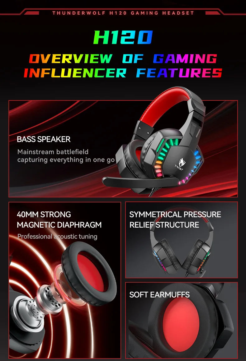 H120 RGB LED Light Wired Headphones USB 3.5mm Audio Interface Bass Stereo Sound Gaming Headsets with High Sensitivity Microphone