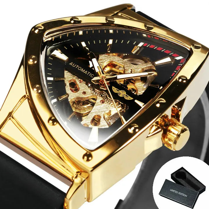 WINNER automatisk herreur, trekantet skeletdesign, selvlysende visere, gummiarmbånd, militærstil, luksuriøst mekanisk ur
