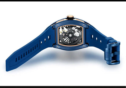 MINI FOCUS herrarmbandsur i moderiktig svart design, vattentät automatisk mekanisk klocka med självlysande visare, silikonarmband och tonneau-urtavla