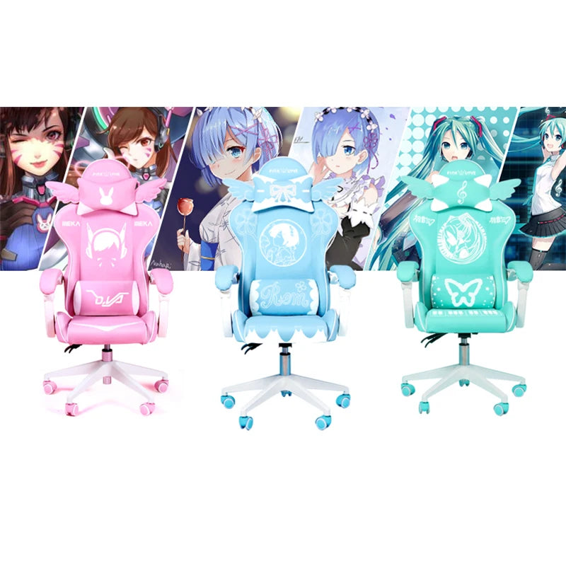 Pink Cartoon Electric Sound Girl Office Chair 360° Lift Rotating Home Computer Game Student Learning to Upgrade Latex Cushion