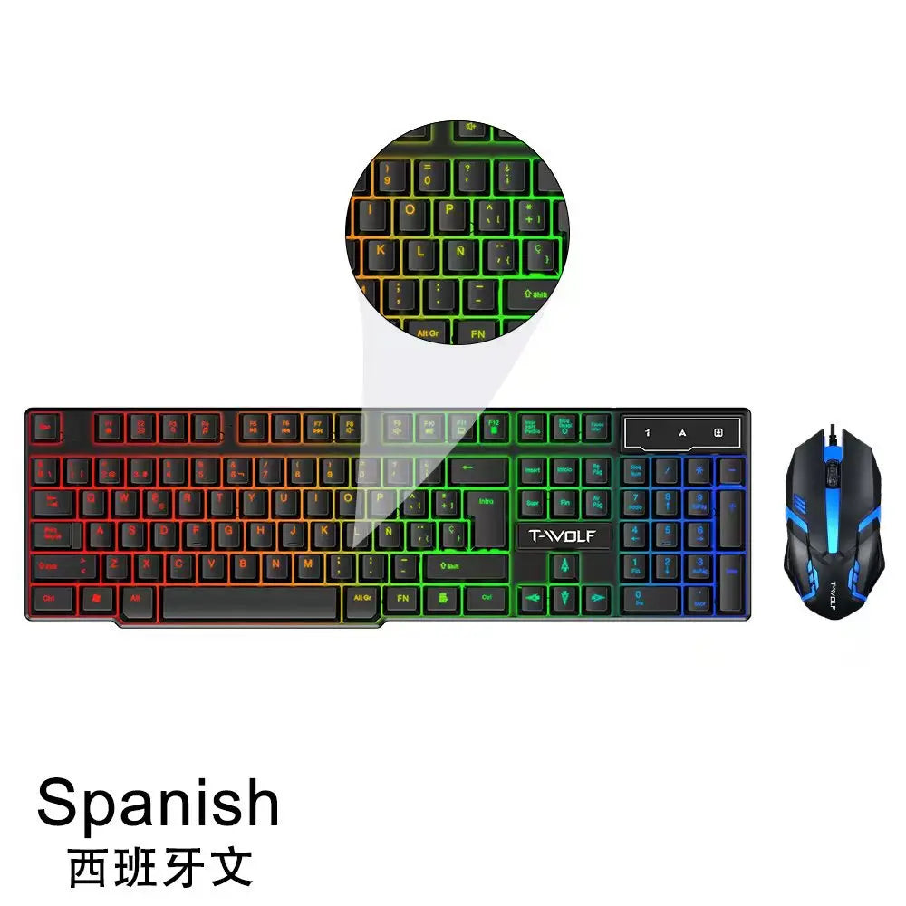 Spanish Keyboard with Spanish Layout Russian Arabic Keyboard Mouse Kit 100% Keyboard ISO Color Backlight Wired Gaming Office T20