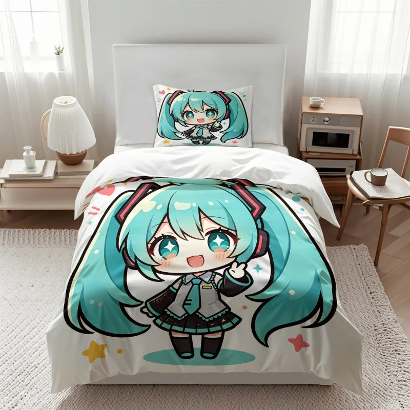 Σετ κάλυμμα παπλώματος Hatsune Miku σε στυλ Chibi – Χαριτωμένα κλινοσκεπάσματα anime με μαξιλαροθήκες – Διακόσμηση υπνοδωματίου για εφήβους και παιδιά – Δώρο για τους θαυμαστές