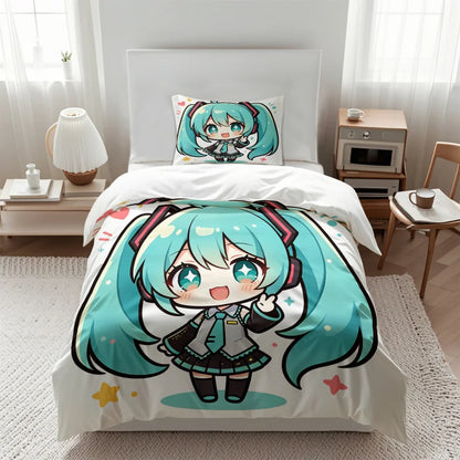 Σετ κάλυμμα παπλώματος Hatsune Miku σε στυλ Chibi – Χαριτωμένα κλινοσκεπάσματα anime με μαξιλαροθήκες – Διακόσμηση υπνοδωματίου για εφήβους και παιδιά – Δώρο για τους θαυμαστές