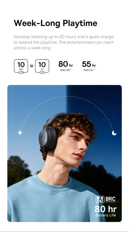 Baseus Bass BH1 NC Lite ANC Wireless Headphones Bluetooth 6.0 Noise Cancelling Headset 80H Battery Over Ear Earphones