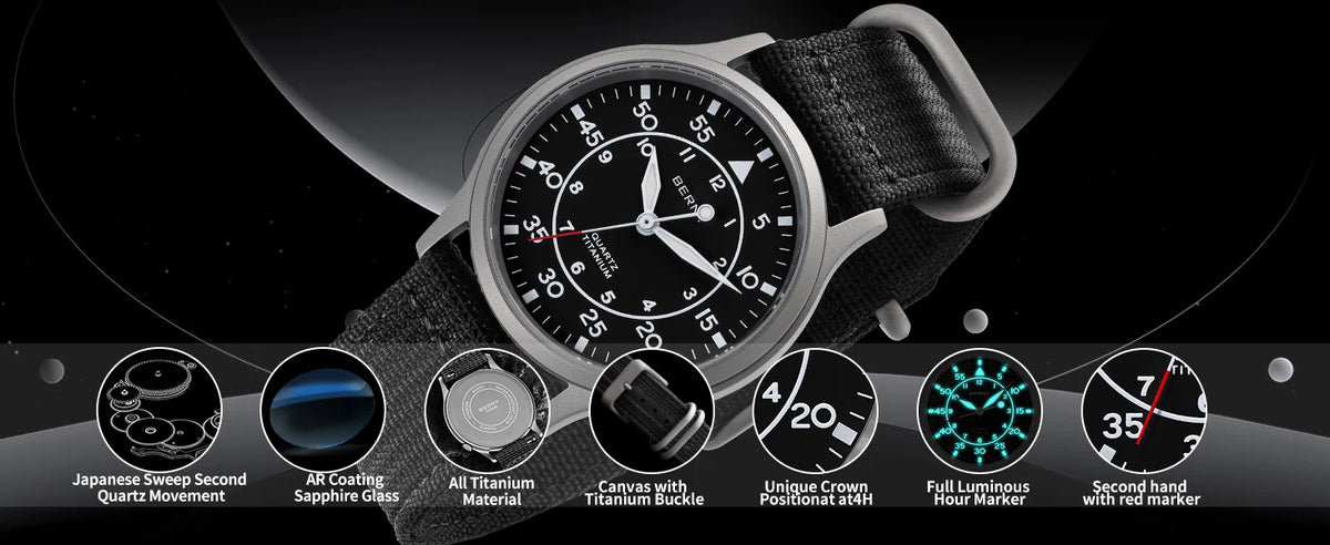 BERNY Titanium herenhorloge met kwartsmechanisme, AR-coating, saffierglas, modieus polshorloge, lichtgevend, VH31, ultradun polshorloge, waterdicht tot 5 ATM