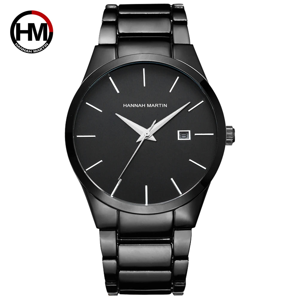 Montre pour homme Hannah Martin, boîtier en acier inoxydable, mouvement à quartz, cadran de 41 mm, style professionnel, avec affichage du calendrier (imitation)