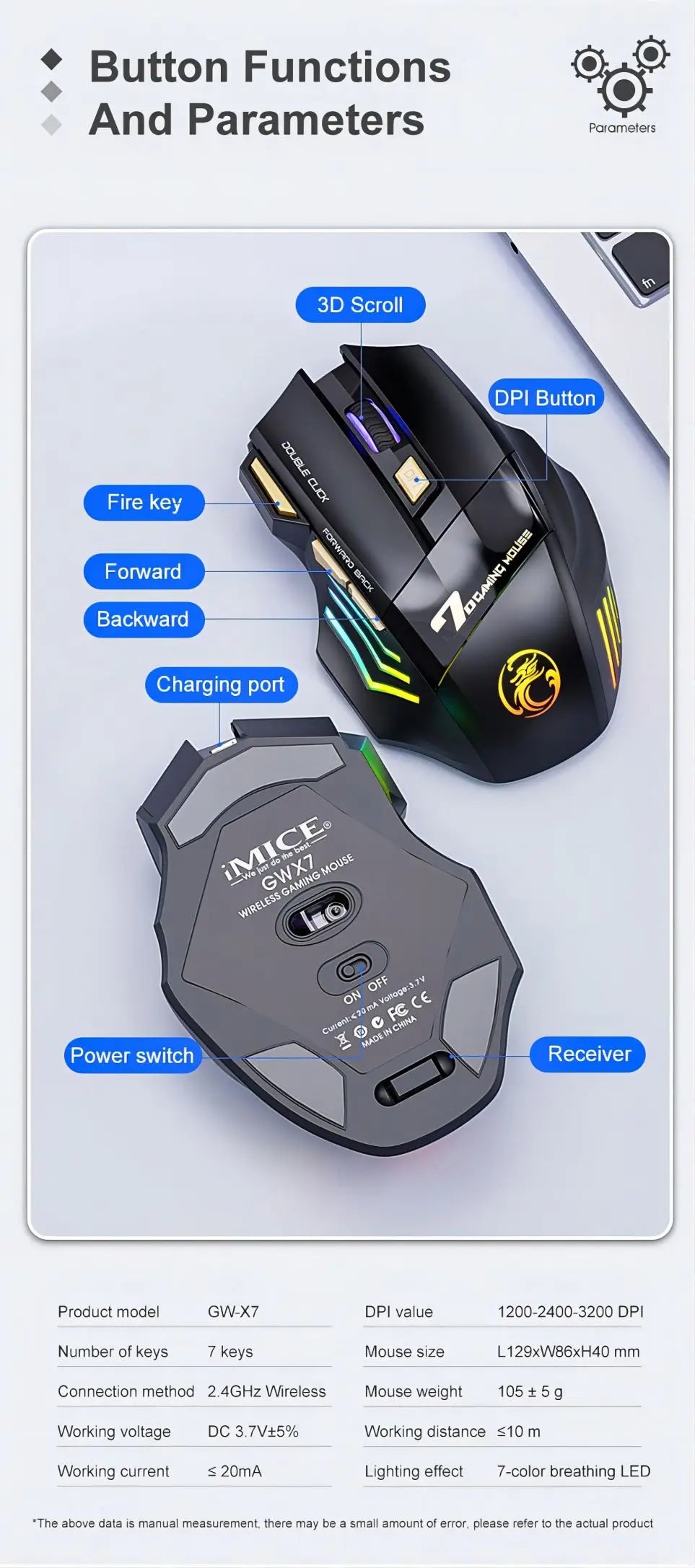 Wireless Bluetooth Mouse Rechargeable 7 Button RGB Gaming Mouse Gamer Ergonomic Mouse LED Backlit PC Silent Mice
