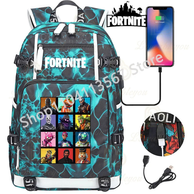 Red Jade F-Fortnited Battle Royale Backpack with USB Charging Anime Figures Study Stationery Compartment for Students Mochila